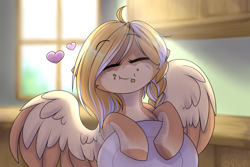 Size: 3000x2000 | Tagged: safe, artist:starlyfly, oc, oc only, pegasus, pony, colored wings, cute, dish, eating, eyebrows, eyebrows visible through hair, eyes closed, female, heart, high res, indoors, kitchen, mare, pegasus oc, plate, signature, solo, two toned wings, wings