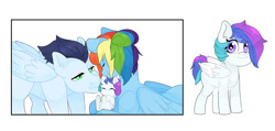 Size: 1024x486 | Tagged: safe, artist:muffin-draw, rainbow dash, soarin', oc, oc:dashing prism, pegasus, pony, g4, female, filly, foal, male, mare, offspring, parent:rainbow dash, parent:soarin', parents:soarindash, ship:soarindash, shipping, stallion, straight
