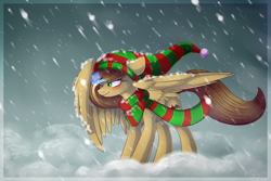 Size: 3000x2000 | Tagged: safe, artist:starlyfly, oc, oc only, oc:ketchup, pegasus, pony, clothes, female, hat, high res, mare, one eye closed, pegasus oc, scarf, signature, snow, snowfall, solo, striped scarf, wings, winter