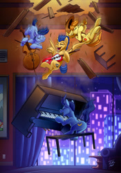 Size: 1403x2000 | Tagged: safe, artist:tsitra360, blues, braeburn, flash sentry, night light, noteworthy, earth pony, pegasus, pony, unicorn, g4, butt, cello, city, couch, electric guitar, falling, group, guitar, male, musical instrument, piano, playing instrument, plot, quartet, stallion, the aristocats, trumpet, window