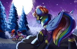 Size: 3000x1900 | Tagged: safe, artist:shadowreindeer, apple bloom, rainbow dash, scootaloo, sweetie belle, earth pony, pegasus, pony, unicorn, g4, animal costume, blank flank, chicken suit, clothes, costume, cutie mark crusaders, female, filly, foal, folded wings, halloween, hat, high res, holiday, mare, mischievous, moon, prank, scootachicken, shadowbolts, shadowbolts costume, tree, wings, witch hat