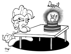 Size: 800x600 | Tagged: safe, artist:ebbysharp, pinkie pie, devil, earth pony, pony, g4, cake, female, floppy ears, food, frown, inktober, inktober 2023, mare, monochrome, pinkie pie is not amused, solo, table, unamused