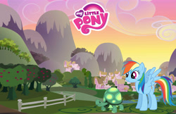 Size: 5100x3300 | Tagged: safe, gameloft, rainbow dash, tank, pegasus, pony, tortoise, g4, my little pony: magic princess, official, absurd resolution, cloud, duo, female, fence, mare, my little pony logo, ponyville, sunset, tree, wallpaper