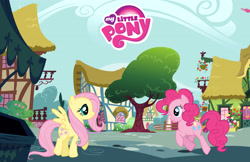 Size: 5100x3300 | Tagged: safe, gameloft, fluttershy, pinkie pie, earth pony, pegasus, pony, g4, my little pony: magic princess, official, absurd resolution, cloud, duo, female, mare, my little pony logo, ponyville, tree, wallpaper