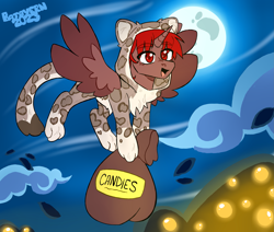 Size: 2377x2011 | Tagged: safe, artist:batavern, oc, oc:hardy, alicorn, pony, animal costume, bag, candies, candy bag, cat costume, cat ears, cat paws, cat tail, chest fluff, clothes, cosplay, costume, flying, full body, full moon, halloween, halloween costume, high res, holiday, male, moon, open mouth, paws, smiling, spread wings, stallion, tail, wings