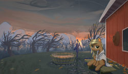 Size: 3600x2068 | Tagged: safe, artist:ciborgen, applejack, earth pony, pony, g4, high res, leaves, pump, solo, tree, tub, water pump, wind