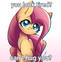 Size: 2500x2550 | Tagged: safe, artist:miryelis, fluttershy, pegasus, pony, g4, big ears, cute, female, gradient background, high res, long hair, mare, meme, positive message, positive ponies, raised hoof, shyabetes, smiling, solo, text