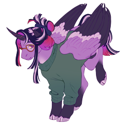 Size: 1542x1552 | Tagged: safe, artist:celeriven, twilight sparkle, alicorn, pony, g4, clothes, cloven hooves, colored wings, glasses, multicolored wings, simple background, solo, sweater, transparent background, twilight sparkle (alicorn), wings