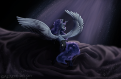 Size: 4250x2750 | Tagged: safe, artist:calebpedigo, princess luna, alicorn, pony, g4, crepuscular rays, ethereal mane, female, mare, peytral, solo, spread wings, starry mane, starry tail, tail, wings