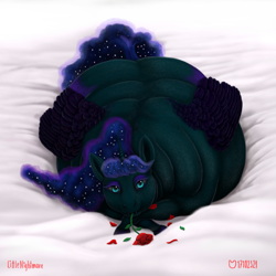 Size: 1500x1500 | Tagged: safe, artist:soobel, nightmare moon, alicorn, pony, g4, bed, fat, female, flower, flower in mouth, lying down, lying on bed, mare, mouth hold, nightmare moonpig, obese, on bed, rose, rose in mouth, solo