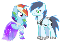 Size: 3500x2495 | Tagged: safe, anonymous artist, artist:sparkle-bubba, rainbow dash, soarin', pegasus, pony, g4, armor, clothes, dress, duo, female, high res, male, mare, ship:soarindash, shipping, simple background, stallion, straight, transparent background