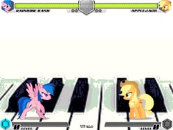 Size: 994x747 | Tagged: safe, artist:tom artista, applejack, firefly, rainbow dash, earth pony, pegasus, pony, fighting is magic, g1, g4, duo, fan game, female, fight, mare, musical instrument, new, palette swap, piano, recolor, stage