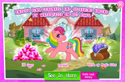 Size: 1965x1298 | Tagged: safe, gameloft, idw, parasol (g1), earth pony, pony, g1, g4, my little pony: magic princess, official, advertisement, bow, costs real money, english, female, gem, idw showified, introduction card, magic coins, mare, mobile game, numbers, sale, solo, tail, tail bow, text