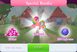 Size: 1266x860 | Tagged: safe, gameloft, idw, parasol (g1), earth pony, pony, g1, g4, my little pony: magic princess, official, bow, bundle, costs real money, english, female, gem, idw showified, magic coins, mare, mobile game, numbers, sale, solo, tail, tail bow, text