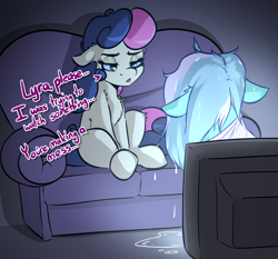 Size: 2804x2608 | Tagged: safe, artist:witchtaunter, bon bon, lyra heartstrings, sweetie drops, ghost, pony, undead, unicorn, g4, bon bon is not amused, couch, duo, ear fluff, female, floppy ears, funny, halloween, high res, holiday, l.u.l.s., mare, puddle, sadako, television, the ring, unamused, wet, wet mane