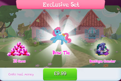 Size: 1264x856 | Tagged: safe, gameloft, idw, bow tie (g1), earth pony, pony, g1, g4, my little pony: magic princess, official, bow, bundle, bush, costs real money, english, exclusive set, female, gem, idw showified, mannequin, mare, mobile game, numbers, sale, solo, tail, tail bow, text