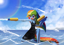Size: 1200x853 | Tagged: safe, artist:howxu, rainbow dash, equestria girls, g4, bare shoulders, beautiful wet black dress, black dress, clothes, commission, commissioner:ajnrules, dress, female, little black dress, ocean, open mouth, rainbow dash always dresses in style, sleeveless, solo, water, watergun, wet, wet clothes