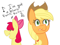 Size: 1024x768 | Tagged: safe, artist:leftshark, apple bloom, applejack, earth pony, pony, g4, apple sisters, eyes closed, female, filly, foal, mare, music notes, siblings, simple background, singing, sisters, text, transparent background
