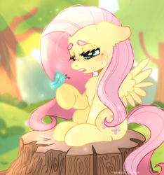 Size: 793x848 | Tagged: safe, artist:mosh_piit, fluttershy, butterfly, pegasus, pony, g4, butterfly on hoof, chest fluff, colored eyebrows, crying, cute, female, floppy ears, insect on someone, log, mare, sad, sadorable, shyabetes, sitting, solo, spread wings, sunlight, tree stump, watermark, wings