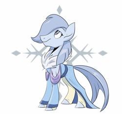 Size: 1100x1031 | Tagged: safe, artist:askometa, oc, oc only, earth pony, pony, blue coat, blue eyes, clothes, colored, fur, looking up, one eye covered, ponified, simple background, snow, snowflake, solo, standing, white background