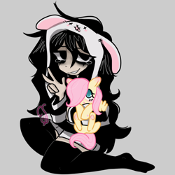 Size: 710x710 | Tagged: safe, artist:cutiesparke, fluttershy, oc, oc:lillian, human, pony, g4, bags under eyes, black hair, bunny hood, clothes, duo, female, filly, filly fluttershy, foal, holding a pony, human oc, peace sign, socks, stocking feet, stockings, striped sweater, sweater, thigh highs, tired eyes, younger
