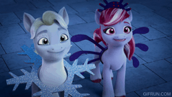 Size: 600x338 | Tagged: safe, screencap, sander, sugar moonlight, earth pony, pony, g5, my little pony: make your mark, my little pony: make your mark chapter 5, nightmare on mane street, spoiler:g5, spoiler:my little pony: make your mark, spoiler:my little pony: make your mark chapter 5, spoiler:mymc05e06, animated, barely animated, duo, female, gif, male, mare, stallion, stimming