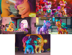 Size: 5048x3880 | Tagged: safe, edit, edited screencap, screencap, hitch trailblazer, izzy moonbow, misty brightdawn, pipp petals, sparky sparkeroni, sunny starscout, zipp storm, alicorn, dragon, earth pony, pegasus, pony, unicorn, a little horse, bridlewoodstock (make your mark), family trees, g5, growing pains, missing the mark, my little pony: make your mark, my little pony: make your mark chapter 1, my little pony: make your mark chapter 2, my little pony: make your mark chapter 4, my little pony: make your mark chapter 5, spoiler:g5, spoiler:my little pony: make your mark, spoiler:my little pony: make your mark chapter 2, spoiler:my little pony: make your mark chapter 4, spoiler:my little pony: make your mark chapter 5, spoiler:mymc02e02, spoiler:mymc04e01, spoiler:mymc04e06, spoiler:mymc04e07, spoiler:mymc05e03, auntie pipp, board game, bracelet, cute, daaaaaaaaaaaw, duo, duo male and female, family, female, jewelry, looking at each other, looking at someone, male, mane family, mane five, mane six (g5), mare, momma izzy, papa hitch, pipp and sparky, race swap, rebirth misty, shipping fuel, smiling, stallion, sunnycorn, trio