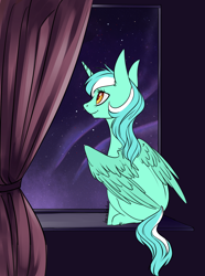 Size: 1326x1779 | Tagged: safe, alternate version, artist:weird--fish, lyra heartstrings, alicorn, pony, g4, .psd available, .sai available, alicornified, curtains, facing away, female, freeline, lyracorn, mare, night, night sky, race swap, sitting, sky, smiling, solo, window