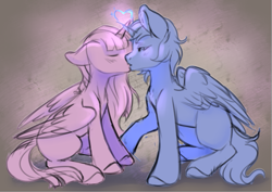 Size: 847x600 | Tagged: source needed, safe, artist:tokokami, twilight sparkle, oc, oc:blue thunder, alicorn, pony, g4, alicorn oc, canon x oc, duo, eyes closed, female, heart, horn, horns are touching, kiss on the lips, kissing, magic, male, mare, partial color, pink, shipping, stallion, straight, thundersparkle, twilight sparkle (alicorn), wings