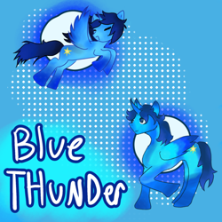 Size: 600x600 | Tagged: artist needed, source needed, safe, oc, oc only, oc:blue thunder, alicorn, pony, alicorn oc, flying, happy, horn, logo, solo, walking, wings