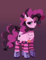 Size: 1658x2161 | Tagged: safe, artist:aztrial, pinkie pie, earth pony, pony, g4, boots, bow, choker, chokerpie, closed mouth, clothes, collar, ear piercing, earring, edgy pinkie pie, emo, eyeshadow, female, frown, gameloft interpretation, hair bow, jewelry, lipstick, looking at you, makeup, mare, necklace, piercing, purple background, shoes, simple background, socks, solo, standing, stockings, striped socks, tail, tail bow, thigh highs