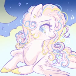 Size: 1000x1000 | Tagged: safe, artist:erieillustrates, baby stella, pegasus, pony, g1, cloud, crescent moon, female, lying down, lying on a cloud, moon, night, night sky, on a cloud, prone, race swap, redesign, signature, sky, smiling, solo, stars, tail, unshorn fetlocks