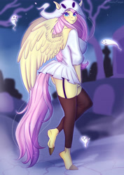 Size: 4341x6132 | Tagged: safe, artist:thaliati, fluttershy, ghost, pegasus, pony, undead, anthro, g4, clothes, costume, eyebrows, female, flutterghost, ghost costume, halloween, halloween costume, holiday, solo, spooky, wings