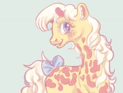 Size: 1600x1200 | Tagged: safe, artist:erieillustrates, creamsicle (g1), giraffe, g1, 2022, blushing, bow, female, pony friends, signature, simple background, smiling, solo, sparkly eyes, tail, tail bow, wingding eyes