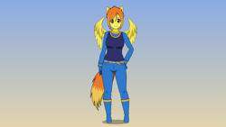 Size: 1920x1080 | Tagged: safe, artist:tychotma-1, spitfire, pegasus, anthro, plantigrade anthro, g4, belt, boots, clothes, female, flight suit, gloves, gradient background, kisekae, pants, shirt, shoes, solo, wings, wonderbolts
