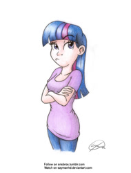 Size: 690x907 | Tagged: safe, artist:vesmirart, twilight sparkle, human, g4, crossed arms, eyebrows, female, humanized, raised eyebrow, simple background, solo, traditional art, white background