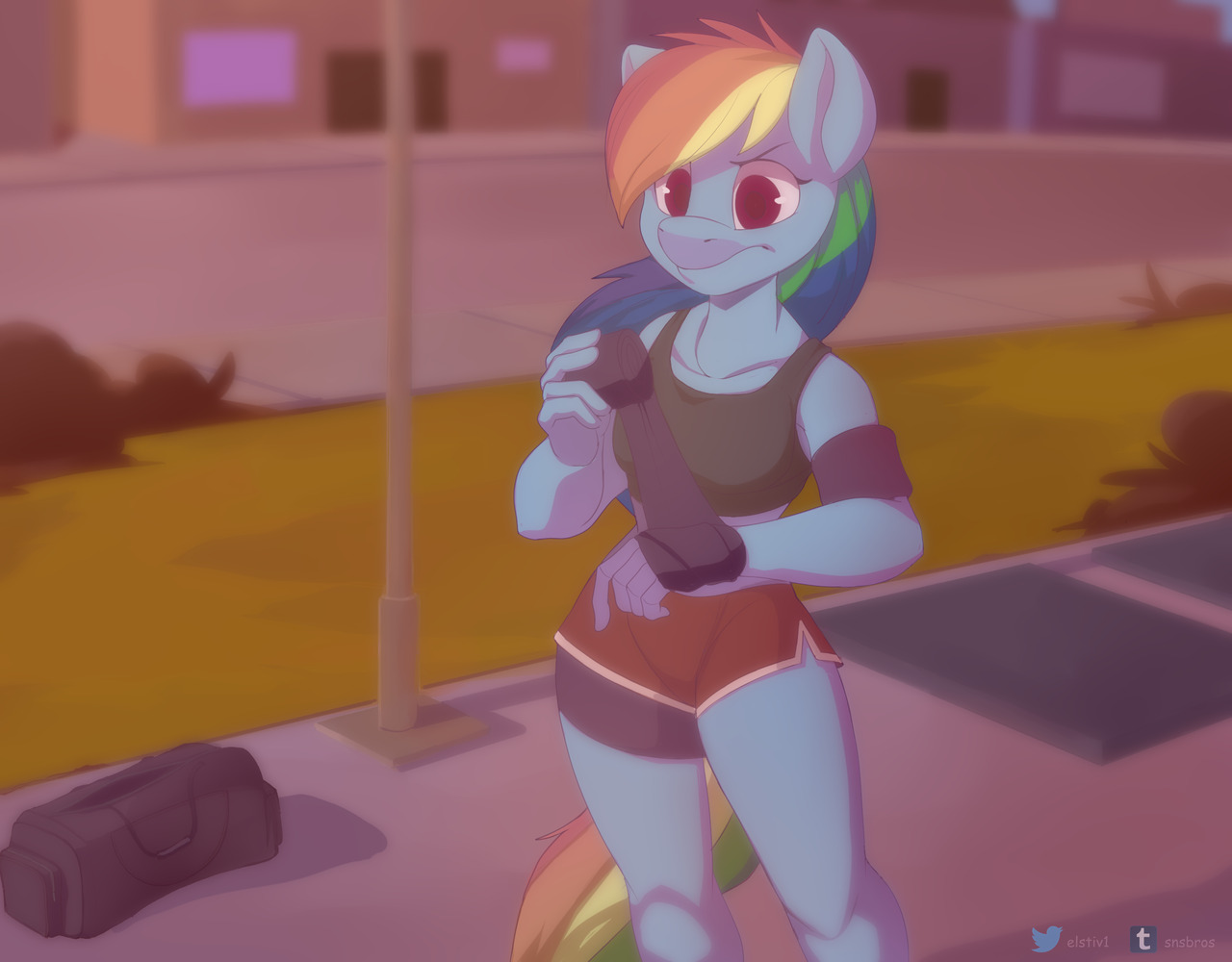 [anthro,bag,clothes,female,rainbow dash,safe,shorts,solo,sports bra,wingless,armband,sports shorts,no tail,athletic tape,duffle bag,wingless anthro,artist:vesmirart]