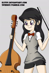 Size: 1280x1920 | Tagged: safe, artist:vesmirart, octavia melody, human, g4, bow (instrument), bowtie, cello, cello bow, clothes, female, gray background, humanized, musical instrument, shirt, shorts, simple background, solo, vest