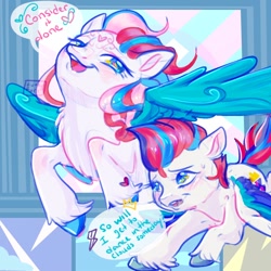 Size: 1000x1000 | Tagged: safe, artist:erieillustrates, star catcher, zipp storm, pegasus, pony, g3, g5, blushing, dialogue, duo, duo female, female, filly, filly zipp storm, flying, foal, g3 to g5, generation leap, generational ponidox, heart, heart mark, mare, open mouth, open smile, signature, smiling, speech bubble, spread wings, sweat, sweatdrop, tail, unshorn fetlocks, wings, younger