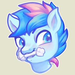 Size: 1000x1000 | Tagged: safe, artist:erieillustrates, oc, oc only, oc:blue chewings, earth pony, pony, bust, chew toy, gift art, looking sideways, male, mouth hold, portrait, simple background, smiling, solo, stallion, tan background
