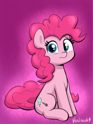 Size: 1408x1867 | Tagged: safe, artist:heretichesh, oc, oc only, oc:pinkie pop, earth pony, pony, female, frown, looking at you, mare, not pinkie pie, signature, sitting, solo