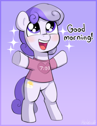 Size: 1688x2176 | Tagged: safe, artist:heretichesh, oc, oc only, earth pony, pony, bipedal, blushing, clothes, colt, cute, dialogue, foal, gradient background, looking up, male, ocbetes, open mouth, open smile, shirt, smiling, solo, sparkles, talking to viewer, underhoof