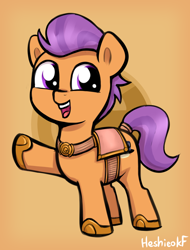 Size: 966x1268 | Tagged: safe, artist:heretichesh, tender taps, earth pony, pony, g4, colt, cute, foal, hoof shoes, male, open mouth, open smile, orange background, saddle, signature, simple background, smiling, solo, tack