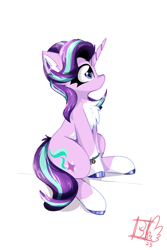 Size: 2000x3000 | Tagged: safe, artist:jubyskylines, starlight glimmer, pony, unicorn, g4, bracelet, chest fluff, coat markings, colored hooves, countershading, ear fluff, female, high res, horn, jewelry, mare, profile, signature, simple background, sitting, socks (coat markings), solo, unshorn fetlocks, white background