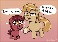 Size: 1994x1455 | Tagged: safe, artist:heretichesh, oc, oc only, oc:peanut toffy, oc:raspberry toffy, earth pony, pony, dialogue, duo, female, filfil, filly, foal, gradient background, signature, smol, sparkles, speech bubble