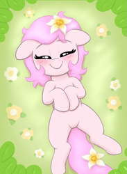 Size: 1341x1833 | Tagged: safe, artist:heretichesh, oc, oc only, oc:kayla, earth pony, pony, blushing, comfy, cute, eyes closed, female, filly, floppy ears, flower, flower in hair, foal, lying down, ocbetes, on back, overhead view, smiling, solo