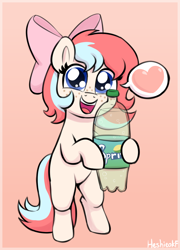 Size: 1136x1580 | Tagged: safe, artist:heretichesh, oc, oc only, oc:fizzie, earth pony, pony, bipedal, bottle, bow, cute, female, filly, foal, freckles, gradient background, heart, hoof hold, looking at you, ocbetes, open mouth, open smile, pictogram, signature, smiling, smiling at you, soda, solo, speech bubble