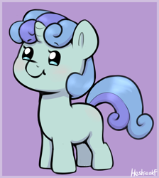 Size: 1096x1224 | Tagged: safe, artist:heretichesh, oc, oc only, oc:rocky (colt quest), pony, unicorn, beady eyes, blushing, colt, cute, foal, male, ocbetes, purple background, signature, simple background, smiling, solo, two toned mane