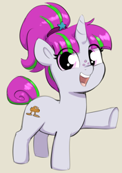 Size: 1281x1809 | Tagged: safe, artist:heretichesh, oc, oc only, oc:zippi, pony, unicorn, beige background, cute, female, filly, foal, freckles, looking at you, ocbetes, open mouth, open smile, raised hoof, simple background, smiling, smiling at you, solo, traditional art, underhoof