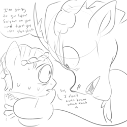 Size: 1000x1000 | Tagged: safe, artist:erieillustrates, discord, oc, draconequus, earth pony, pony, g4, angry, dialogue, disproportionate retribution, duo, grayscale, horns, looking at each other, looking at someone, male, monochrome, open mouth, overprotective, protecting, sweat, threat